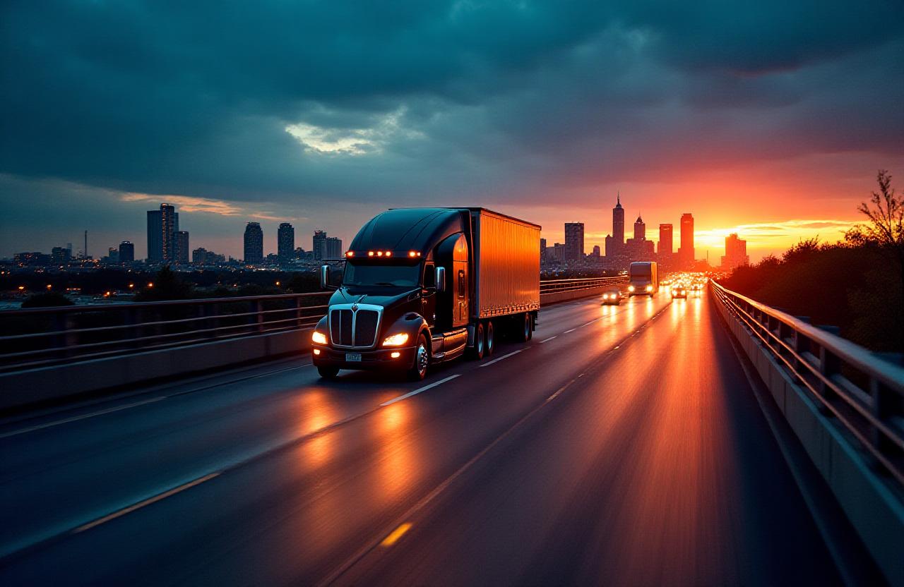 Large transport truck on a Dallas highway at dusk