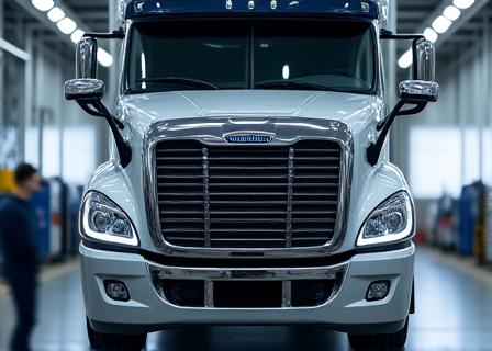 Modern semi-truck being inspected